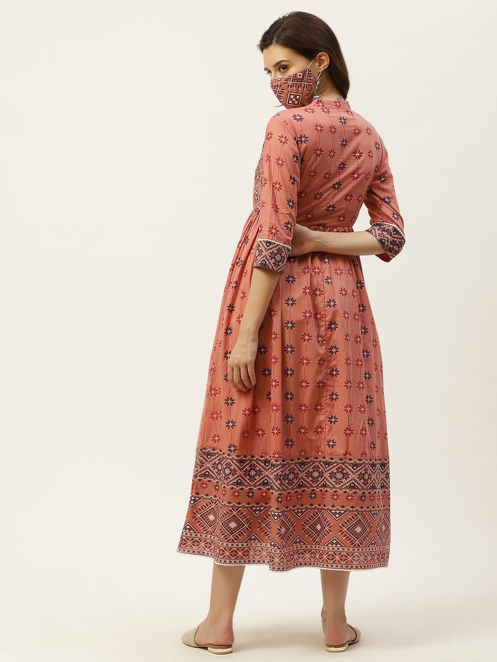 Juniper Women's Peach Geometric Printed Pure Cotton Maxi Dress With Lace Work | Grocsy