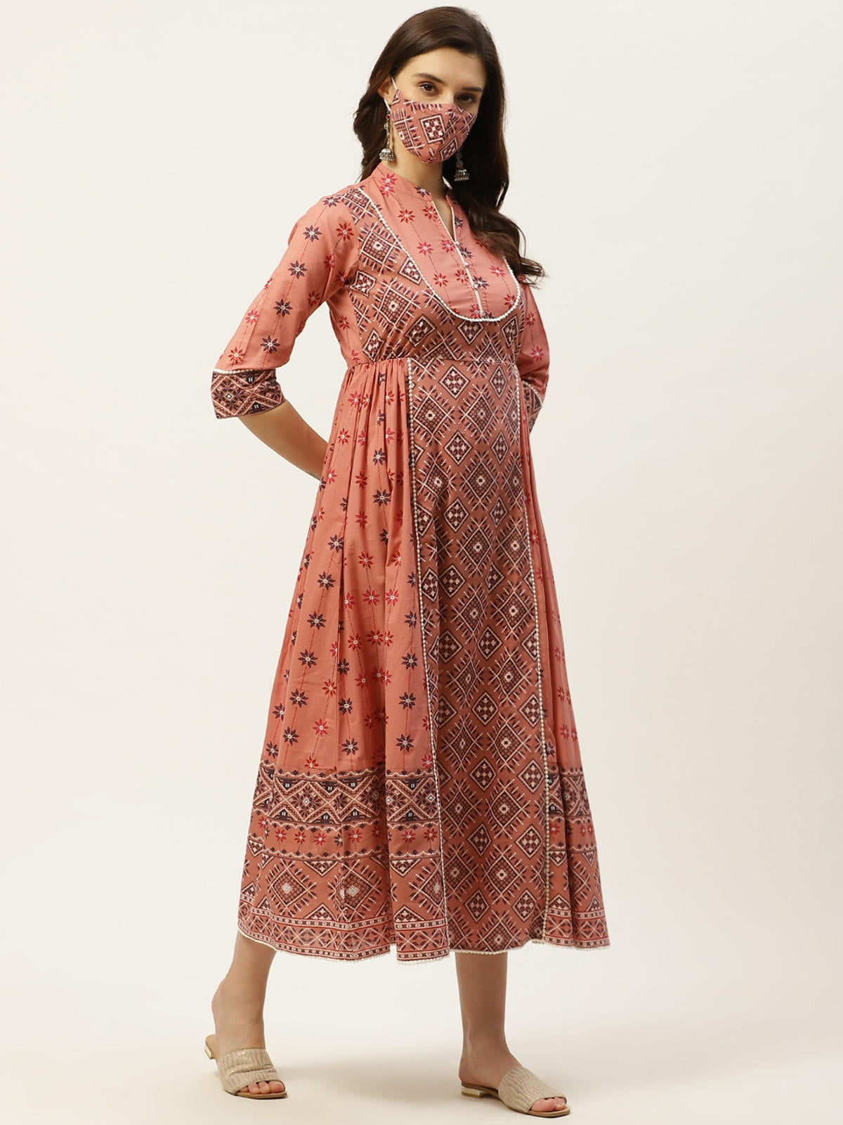 Juniper Women's Peach Geometric Printed Pure Cotton Maxi Dress With Lace Work | Grocsy
