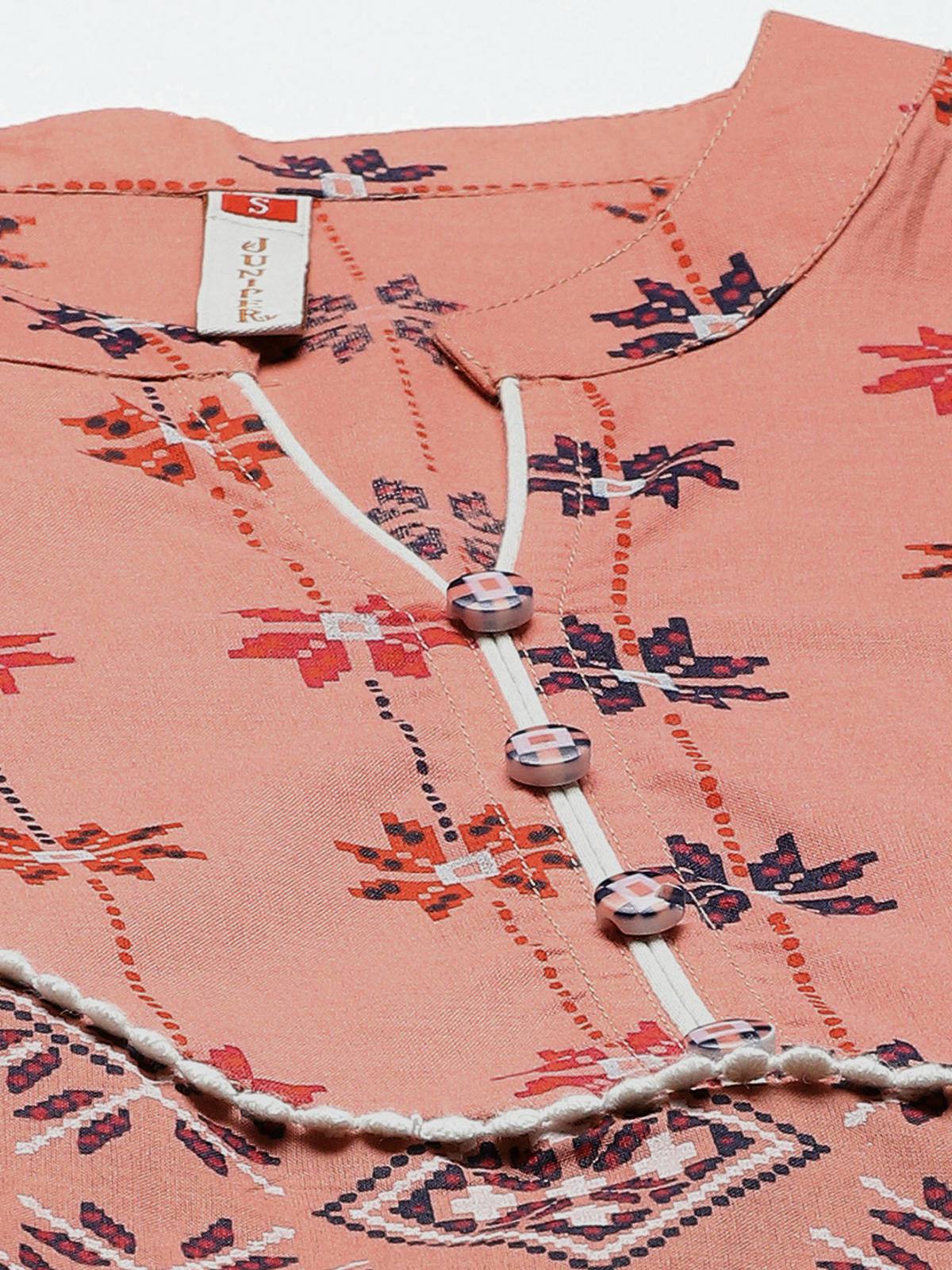 Juniper Women's Peach Geometric Printed Pure Cotton Maxi Dress With Lace Work | Grocsy