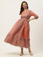 Juniper Women's Peach Geometric Printed Pure Cotton Maxi Dress With Lace Work | Grocsy