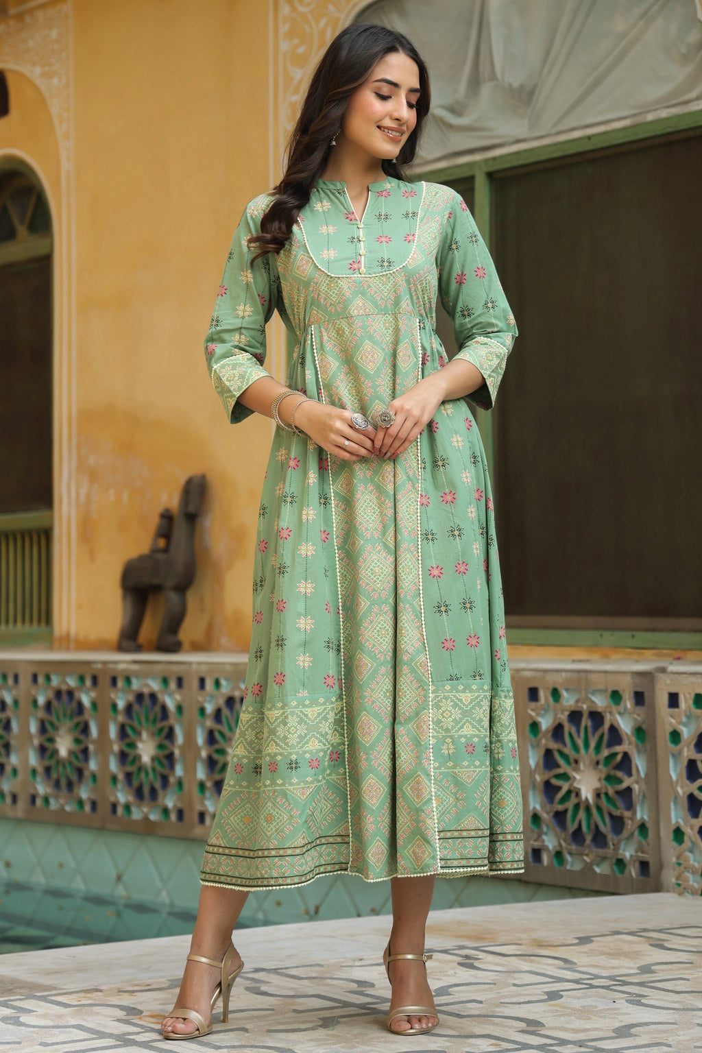 Juniper Women Pistagreen Cambric Printed Flared Dress | Grocsy