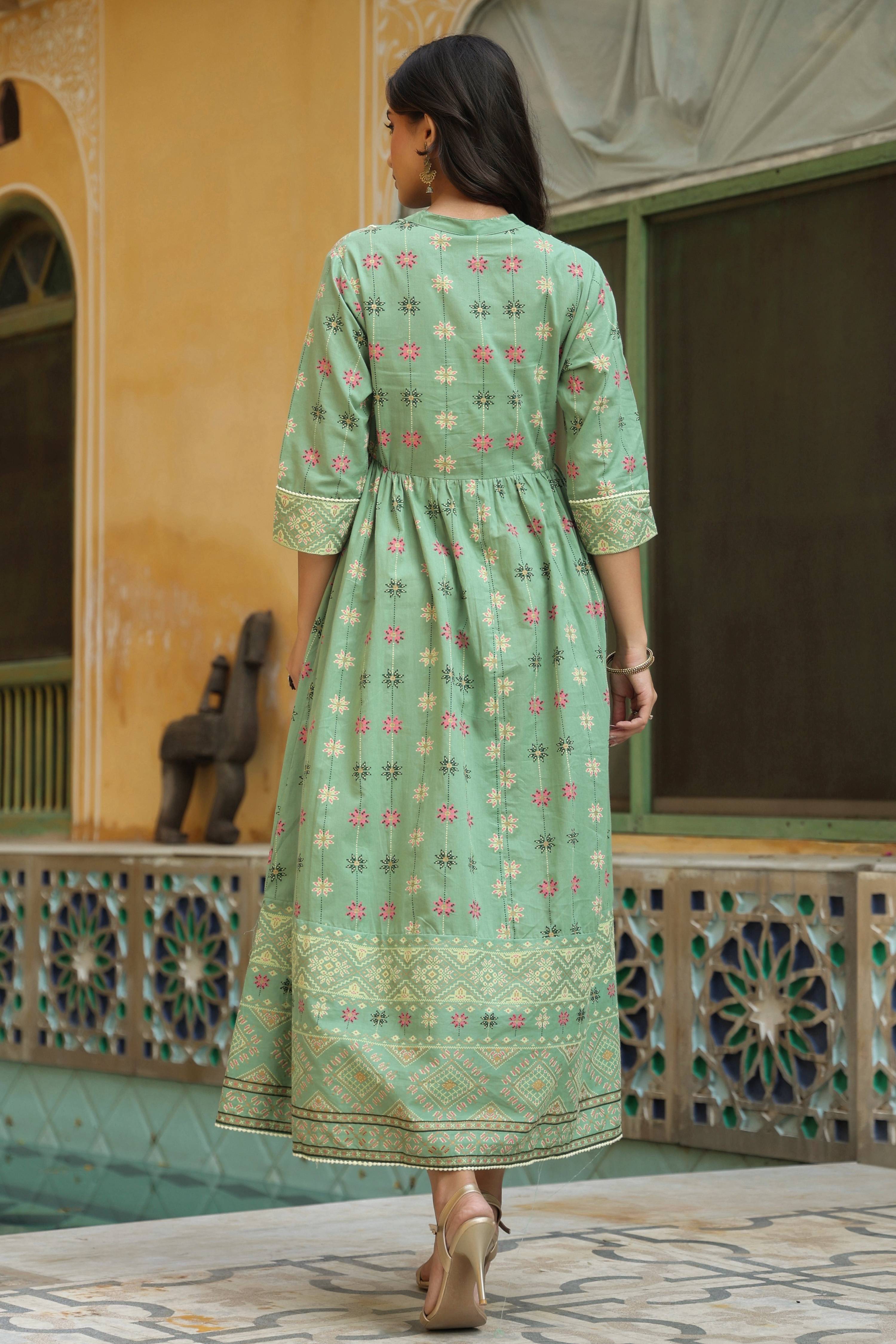 Juniper Women Pistagreen Cambric Printed Flared Dress | Grocsy