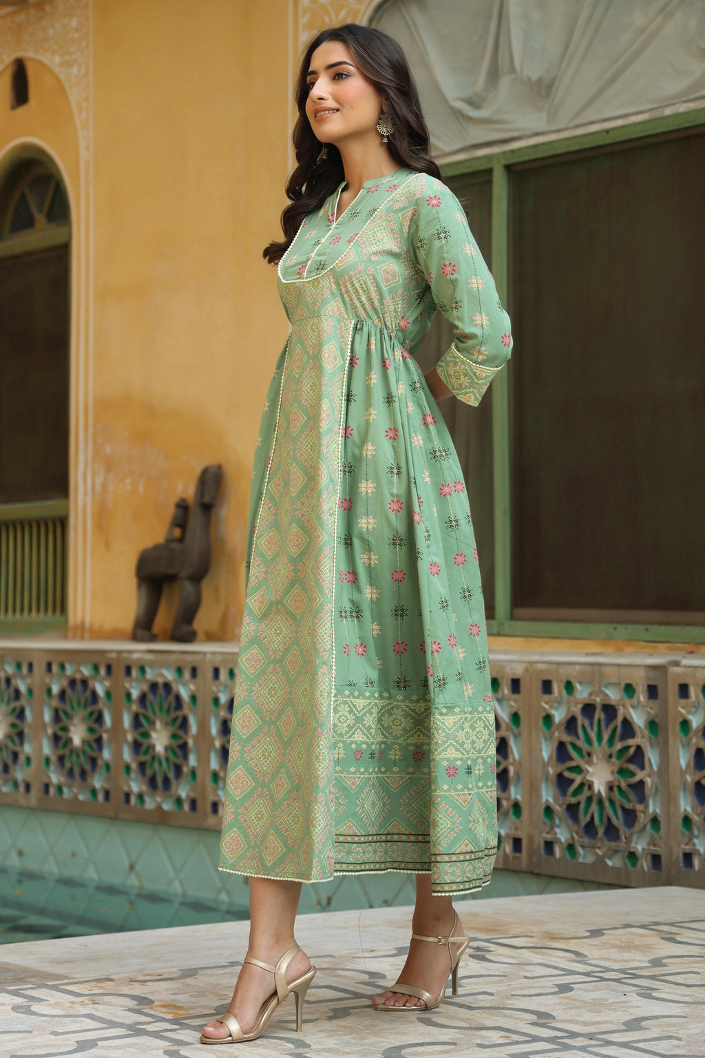 Juniper Women Pistagreen Cambric Printed Flared Dress | Grocsy