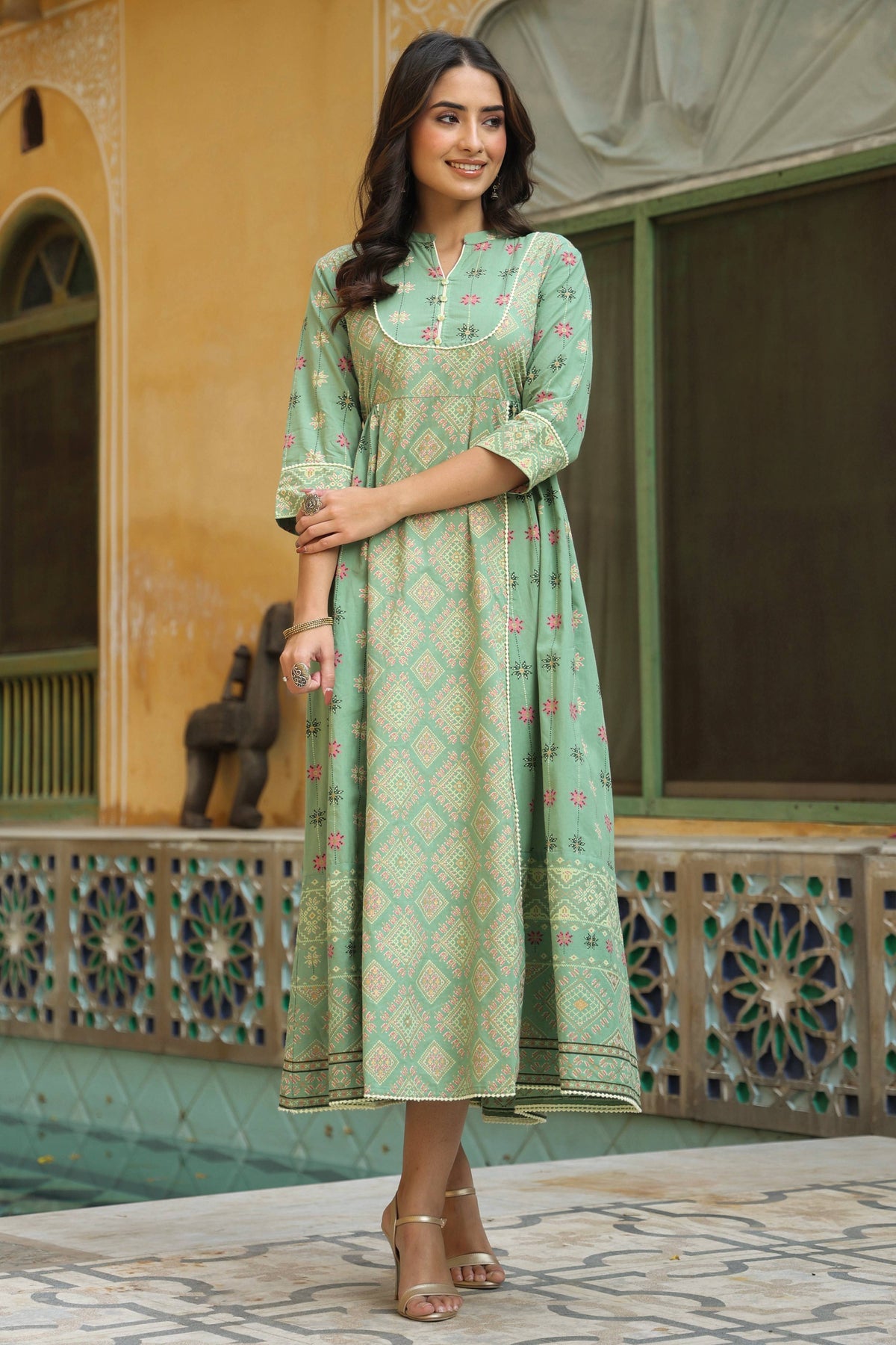 Juniper Women Pistagreen Cambric Printed Flared Dress | Grocsy