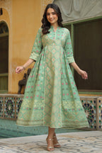 Juniper Women Pistagreen Cambric Printed Flared Dress | Grocsy