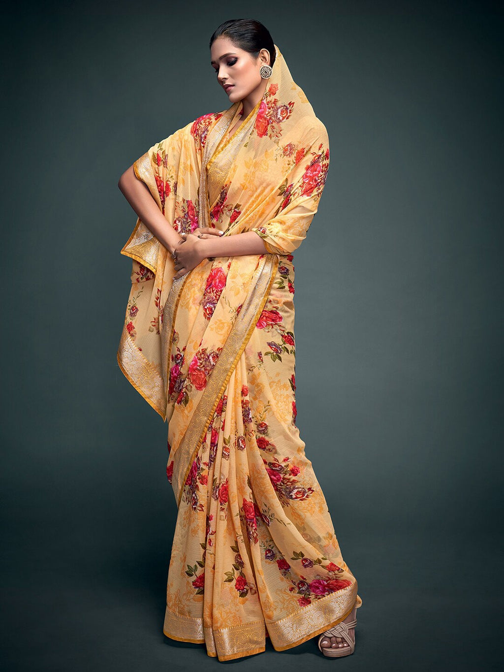 Saree Mall Yellow & Gold-Toned Floral Pure Georgette Banarasi Saree | Grocsy