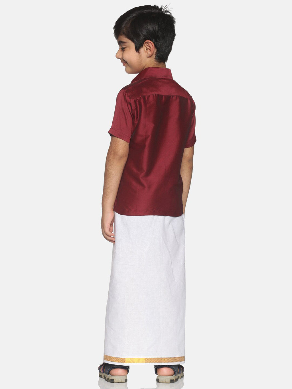 Sethukrishna Maroon & & White Pure Cotton Solid Shirt Veshti Set For Boys | Grocsy