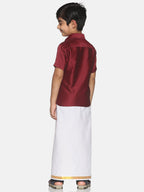 Sethukrishna Maroon & & White Pure Cotton Solid Shirt Veshti Set For Boys | Grocsy
