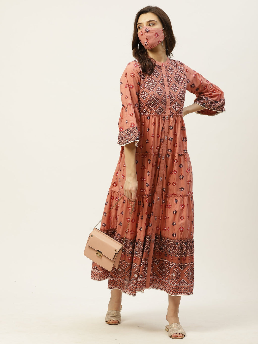 Juniper Womens Peach Cambric Printed Tiered Maxi Dress | Grocsy