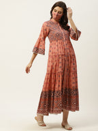 Juniper Womens Peach Cambric Printed Tiered Maxi Dress | Grocsy