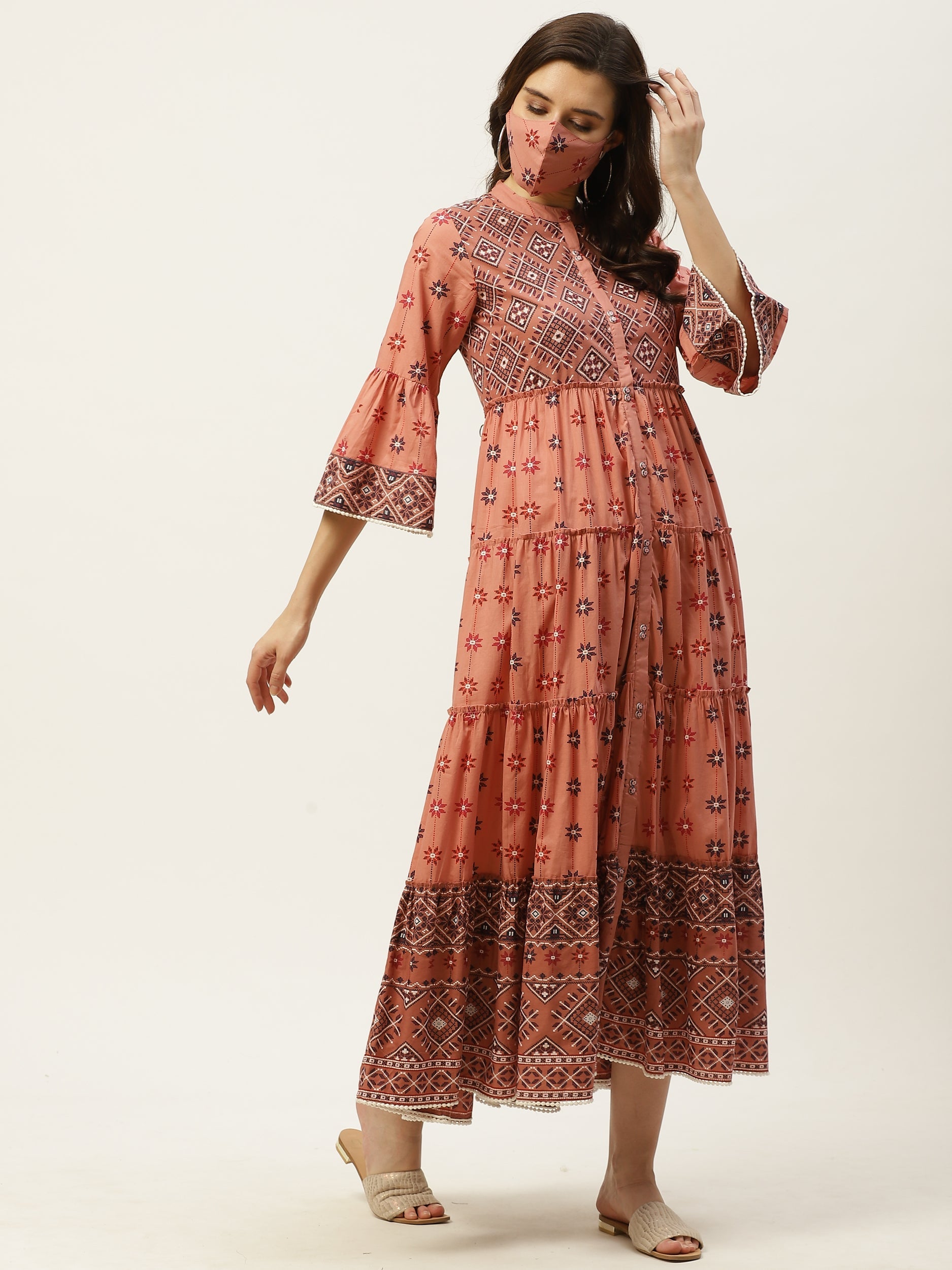 Juniper Womens Peach Cambric Printed Tiered Maxi Dress | Grocsy