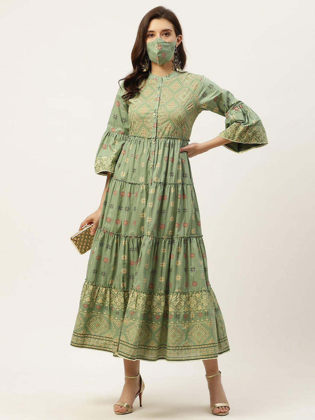 Juniper Womens Pista Green Cambric Printed Tiered Maxi Dress | Grocsy