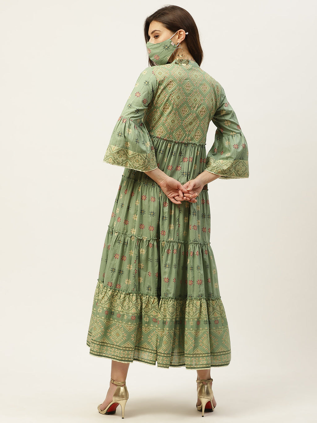 Juniper Womens Pista Green Cambric Printed Tiered Maxi Dress | Grocsy