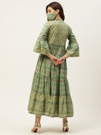 Juniper Womens Pista Green Cambric Printed Tiered Maxi Dress | Grocsy