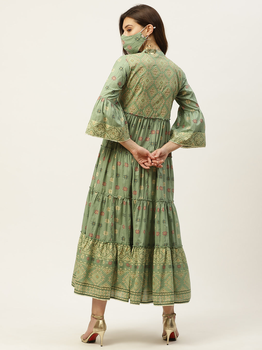 Juniper Womens Pista Green Cambric Printed Tiered Maxi Dress | Grocsy