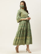 Juniper Womens Pista Green Cambric Printed Tiered Maxi Dress | Grocsy