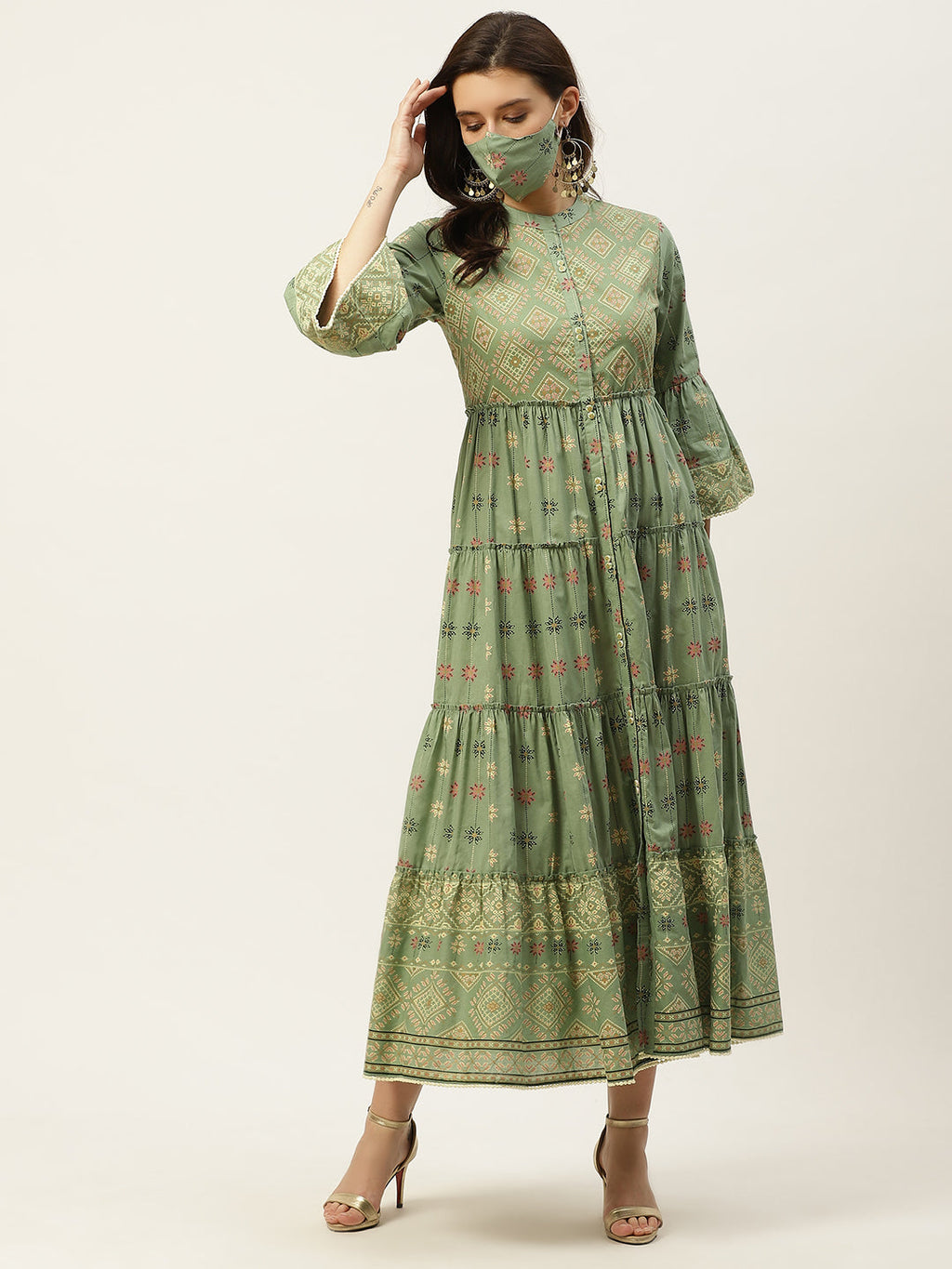Juniper Womens Pista Green Cambric Printed Tiered Maxi Dress | Grocsy