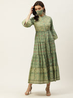 Juniper Womens Pista Green Cambric Printed Tiered Maxi Dress | Grocsy