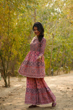 Juniper Women's Peach Geometric Printed Pure Cotton Kurta Palazzo & Dupatta With Lace Work | Grocsy