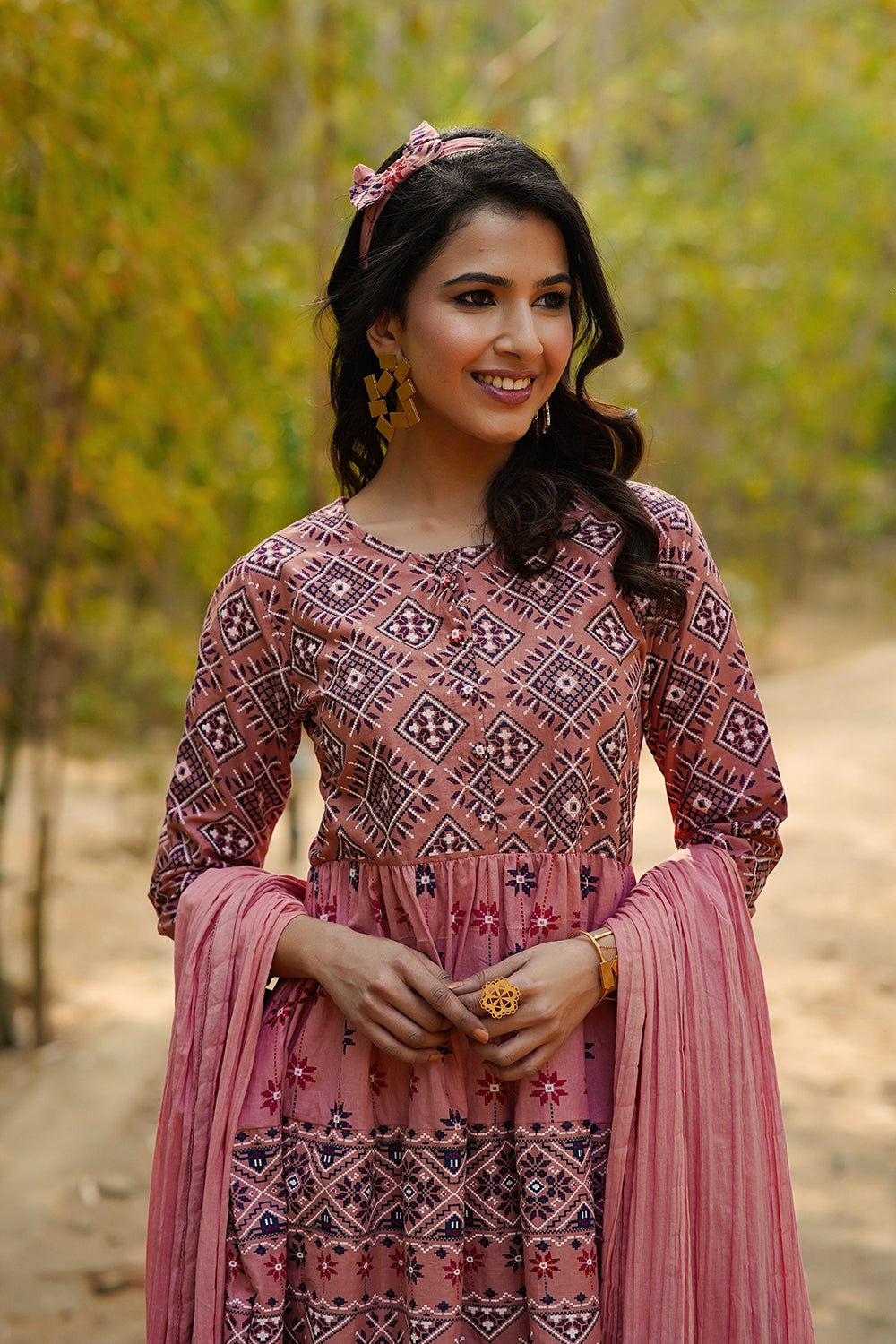 Juniper Women's Peach Geometric Printed Pure Cotton Kurta Palazzo & Dupatta With Lace Work | Grocsy