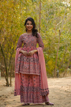 Juniper Women's Peach Geometric Printed Pure Cotton Kurta Palazzo & Dupatta With Lace Work | Grocsy