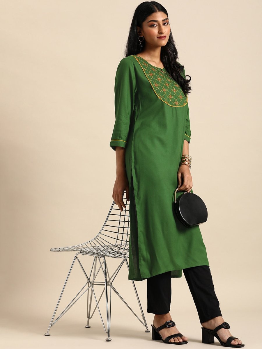 All About You Women Green Ethnic Motifs Yoke Design Keyhole Neck Straight Kurta | Grocsy