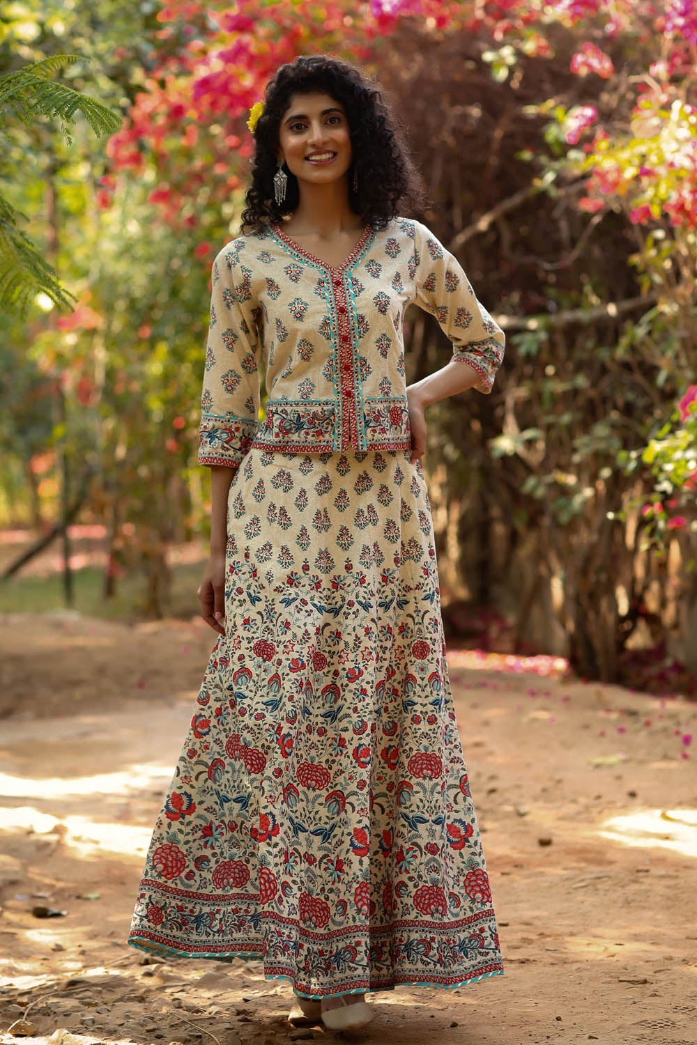 Juniper Beige Floral Printed Pure Cotton Lehenga Choli With Gota Work | Grocsy