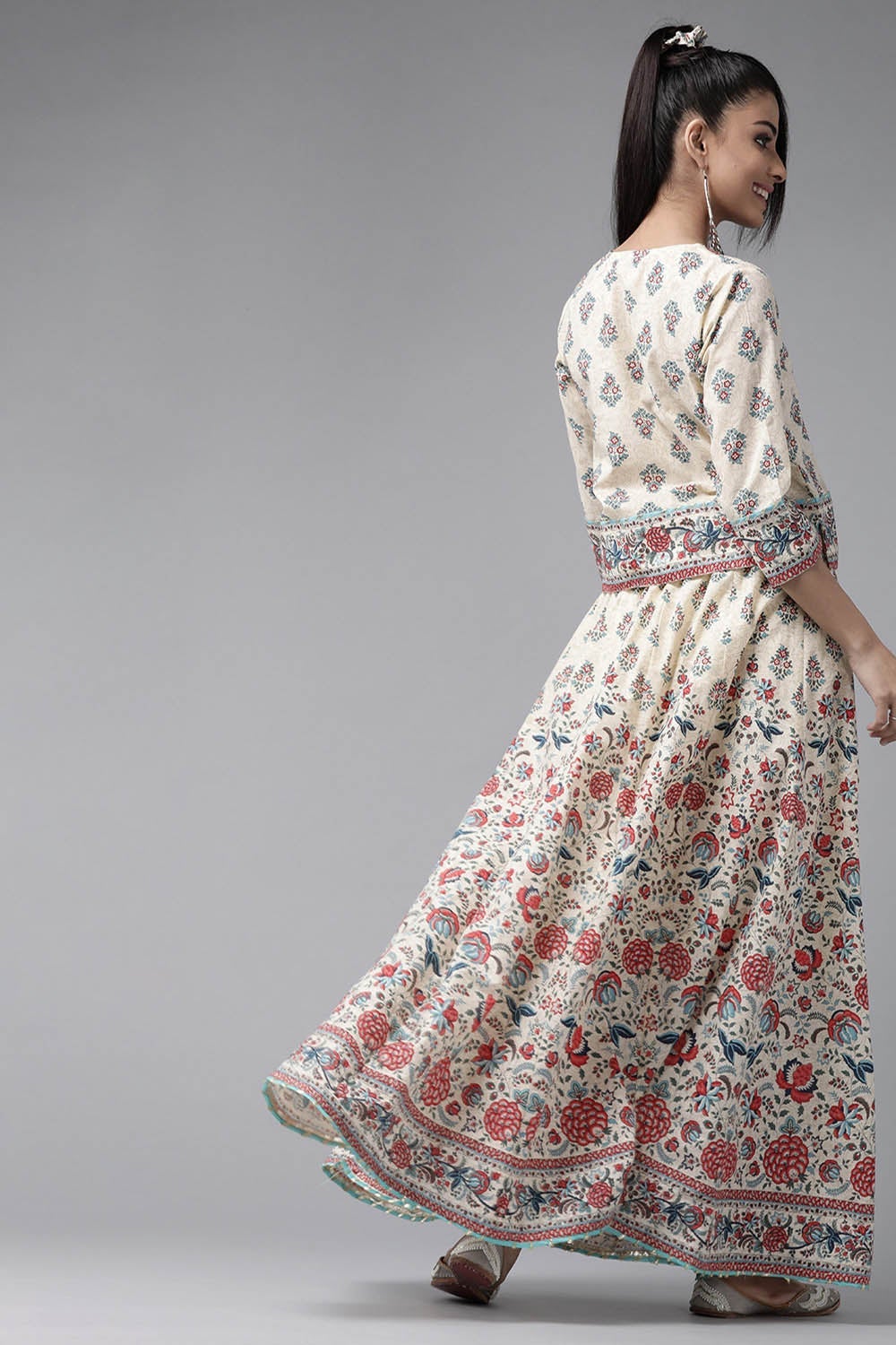 Juniper Beige Floral Printed Pure Cotton Lehenga Choli With Gota Work | Grocsy