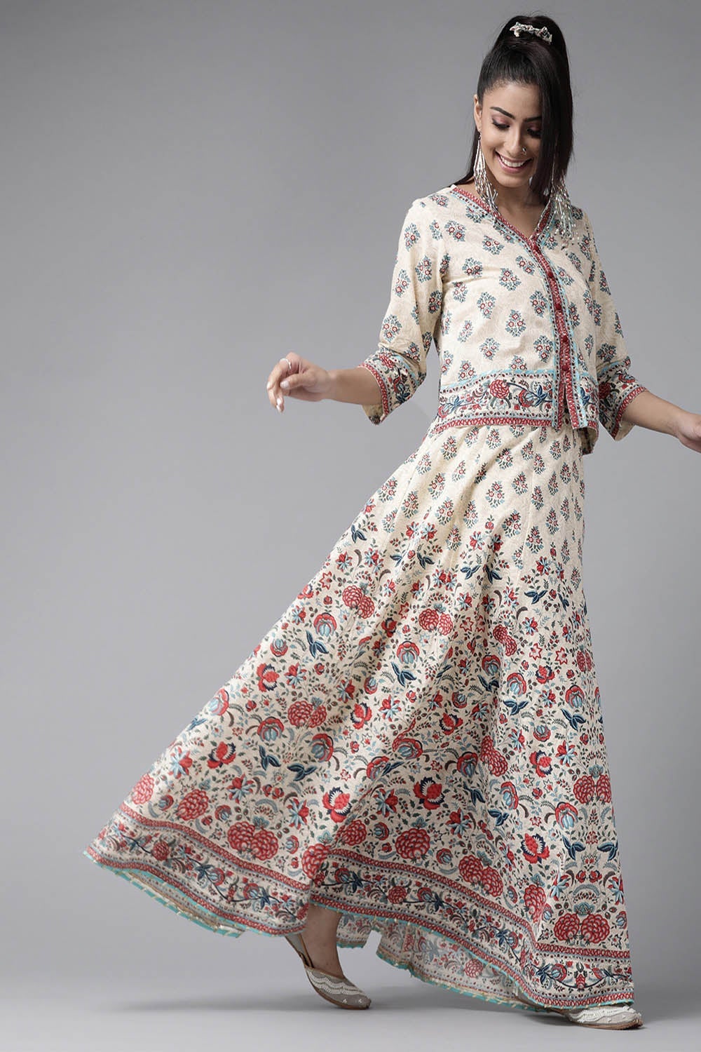 Juniper Beige Floral Printed Pure Cotton Lehenga Choli With Gota Work | Grocsy