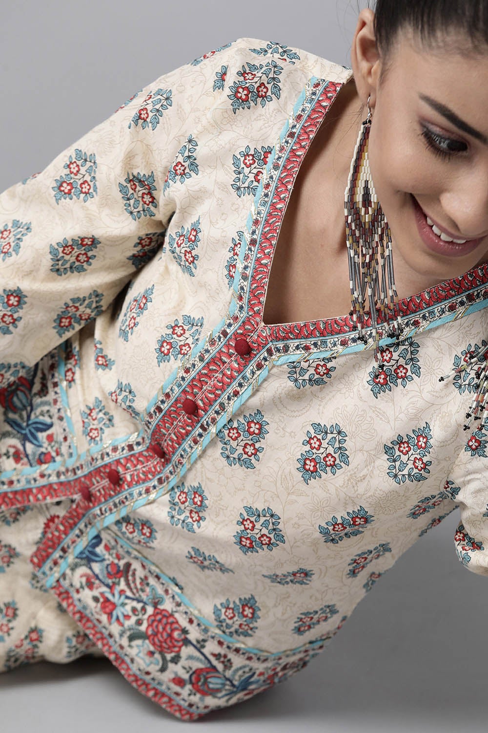 Juniper Beige Floral Printed Pure Cotton Lehenga Choli With Gota Work | Grocsy