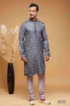 Raivat Ethnic Art Silk Digital Print Pintux Work Kurta Pajama In Blue And Grey Colour | Grocsy