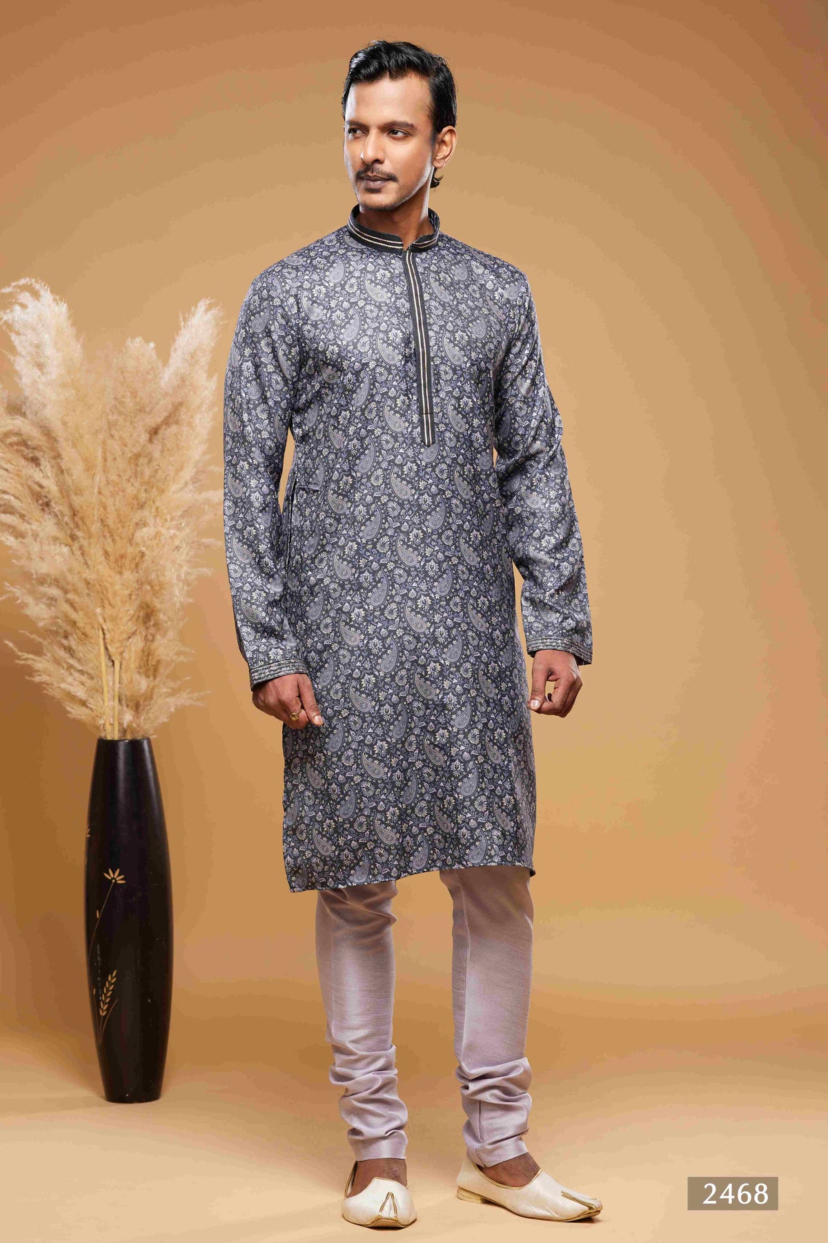 Raivat Ethnic Art Silk Digital Print Pintux Work Kurta Pajama In Blue And Grey Colour | Grocsy