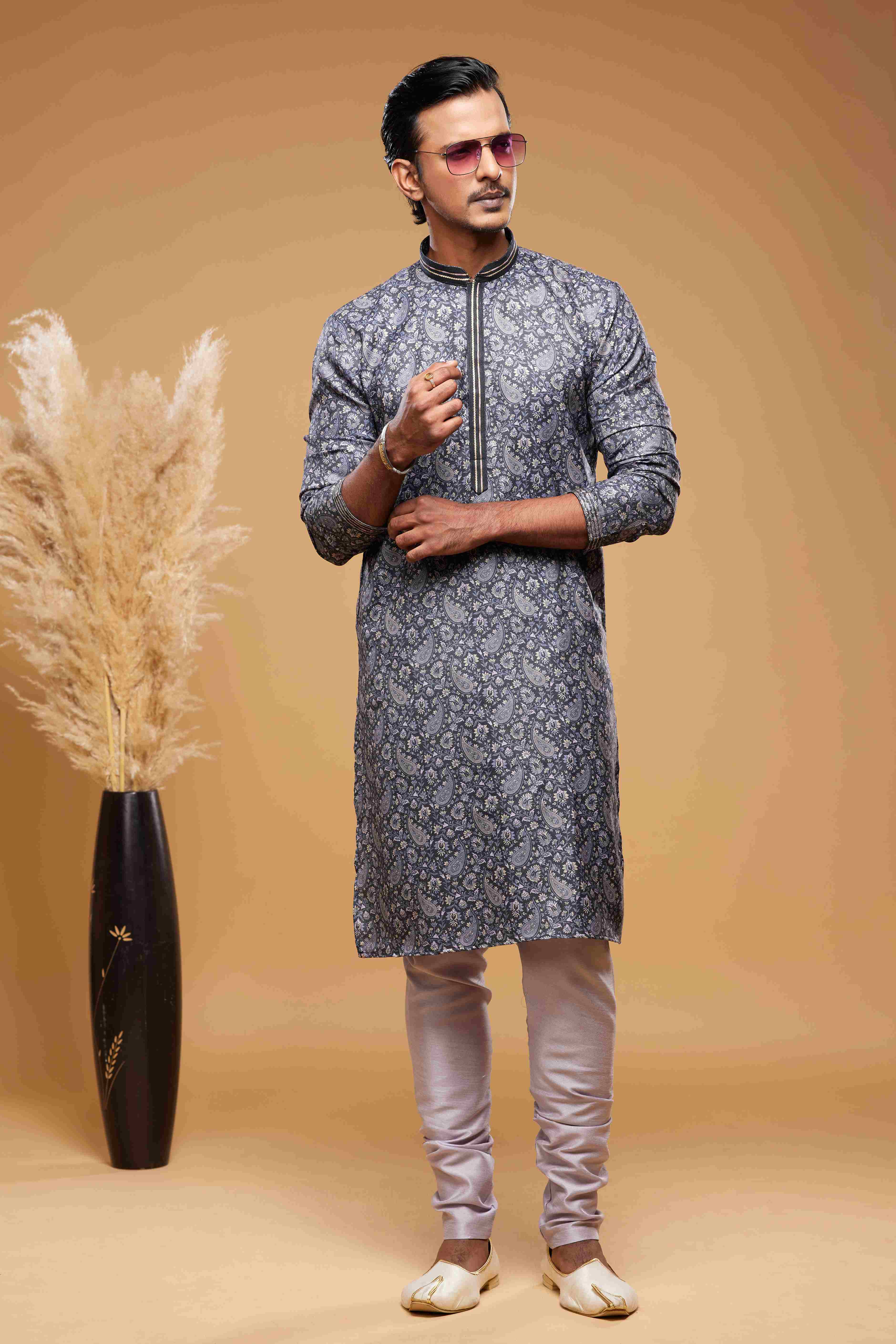 Raivat Ethnic Art Silk Digital Print Pintux Work Kurta Pajama In Blue And Grey Colour | Grocsy