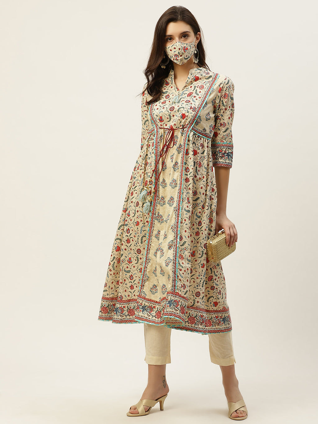 Juniper Womens Beige Cambric Printed Flared Kurta | Grocsy