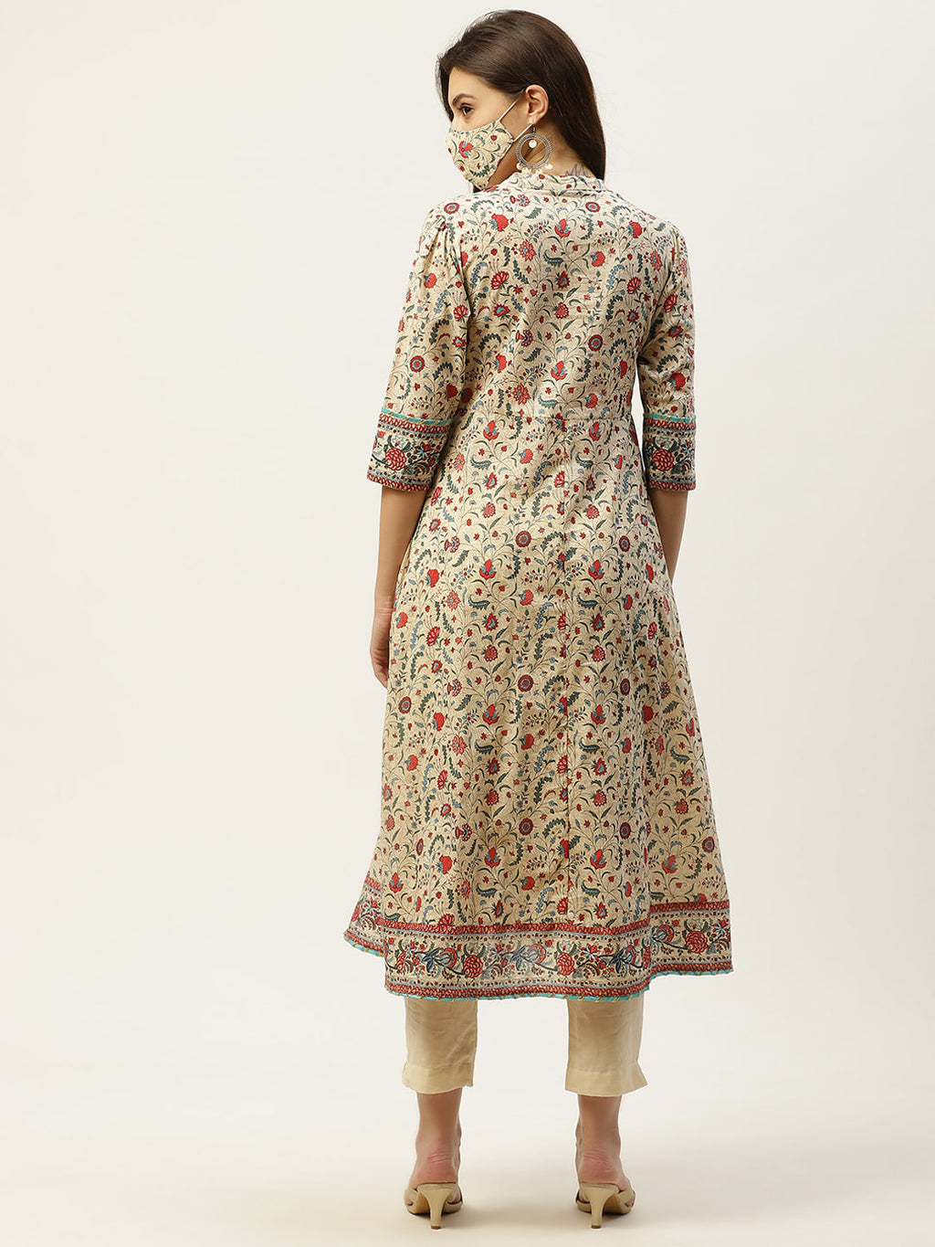 Juniper Womens Beige Cambric Printed Flared Kurta | Grocsy