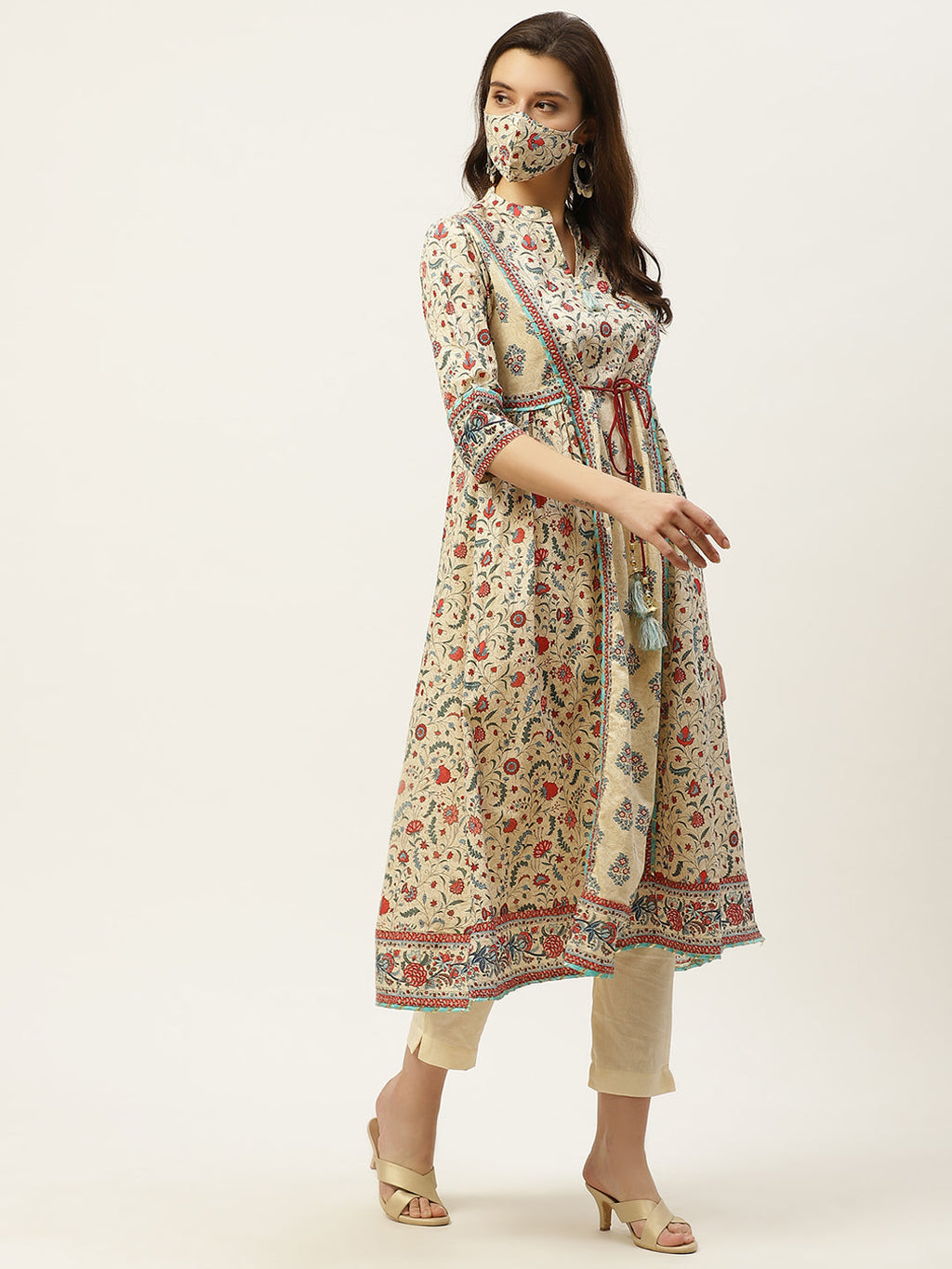 Juniper Womens Beige Cambric Printed Flared Kurta | Grocsy