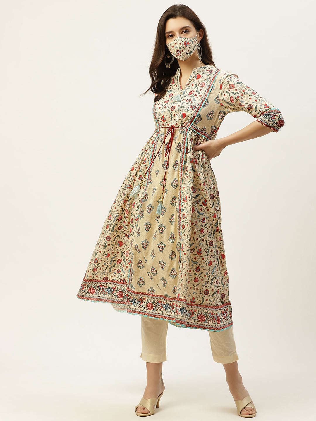 Juniper Womens Beige Cambric Printed Flared Kurta | Grocsy