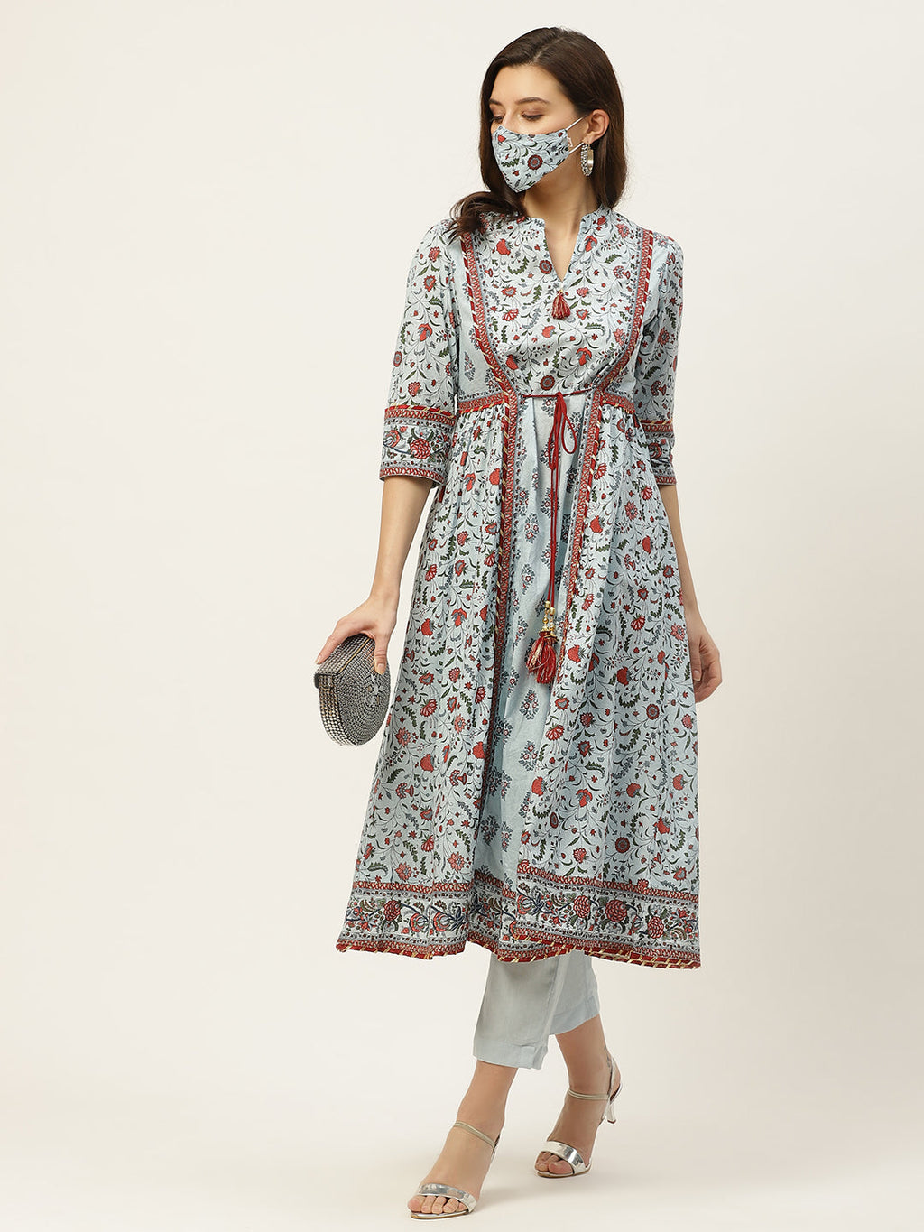 Juniper Womens Blue Cambric Printed Flared Kurta | Grocsy