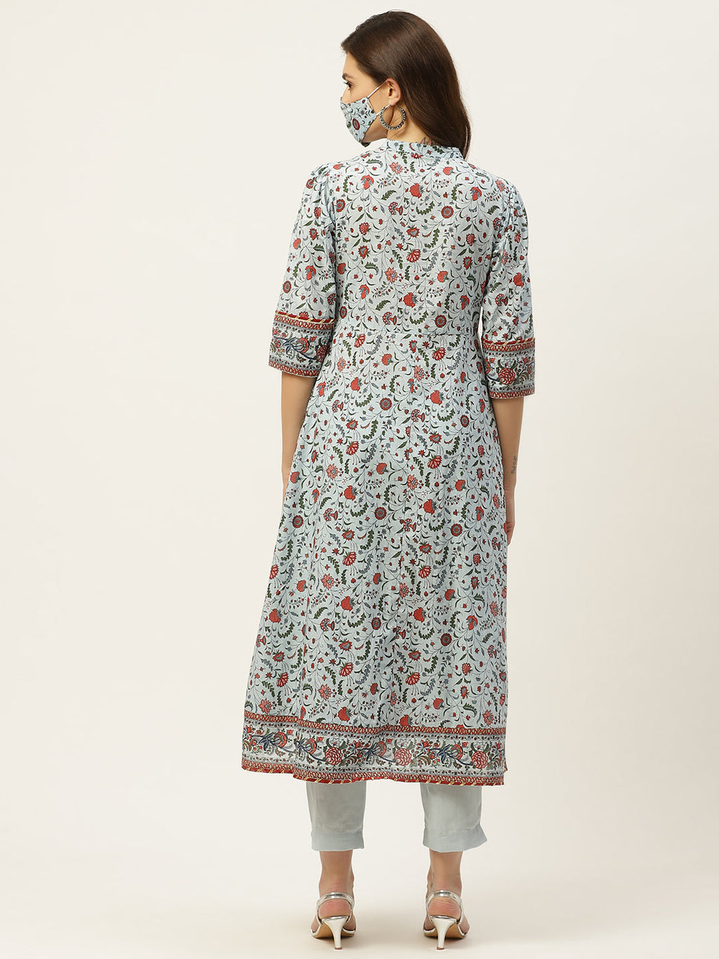 Juniper Womens Blue Cambric Printed Flared Kurta | Grocsy