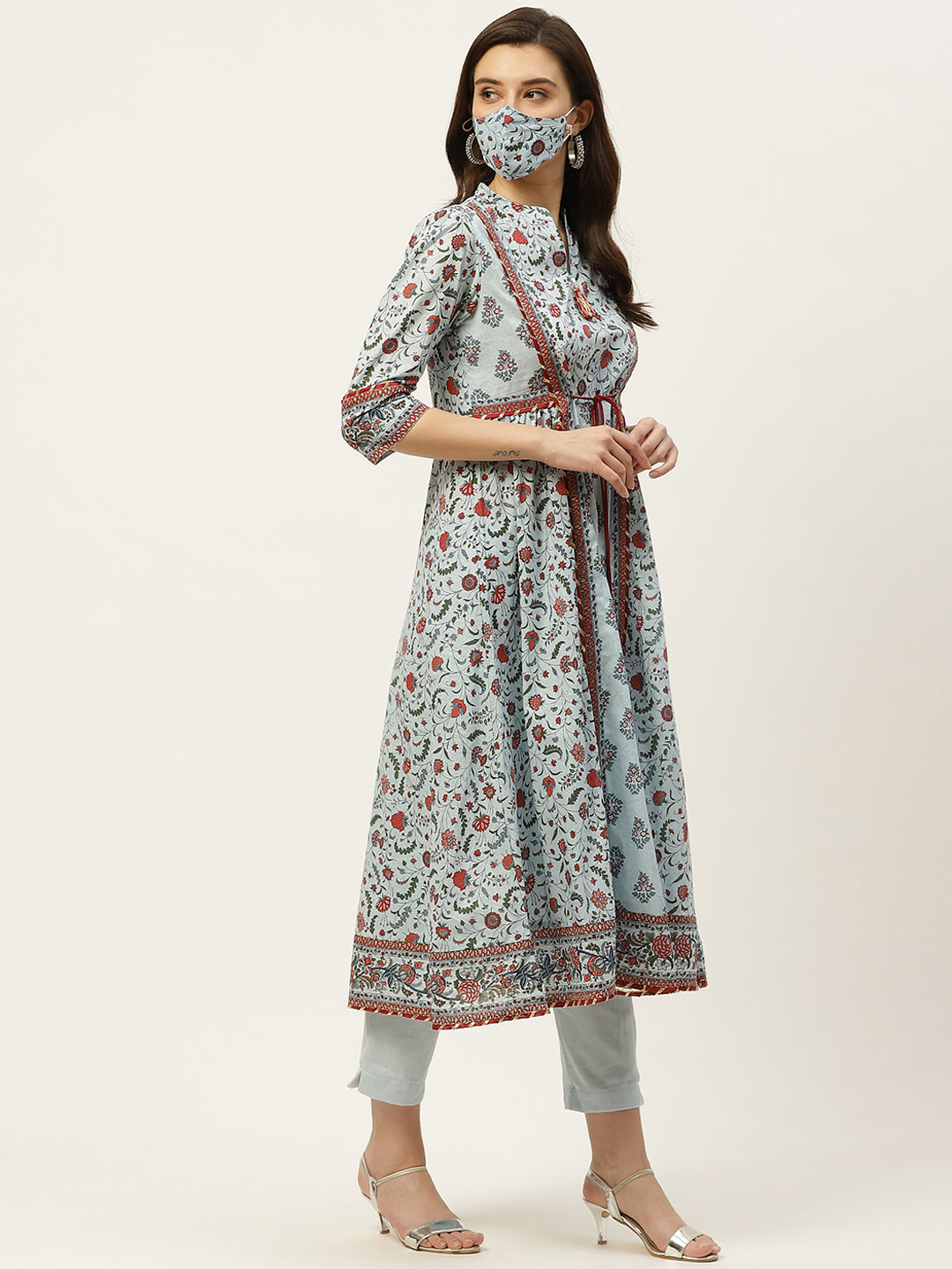 Juniper Womens Blue Cambric Printed Flared Kurta | Grocsy