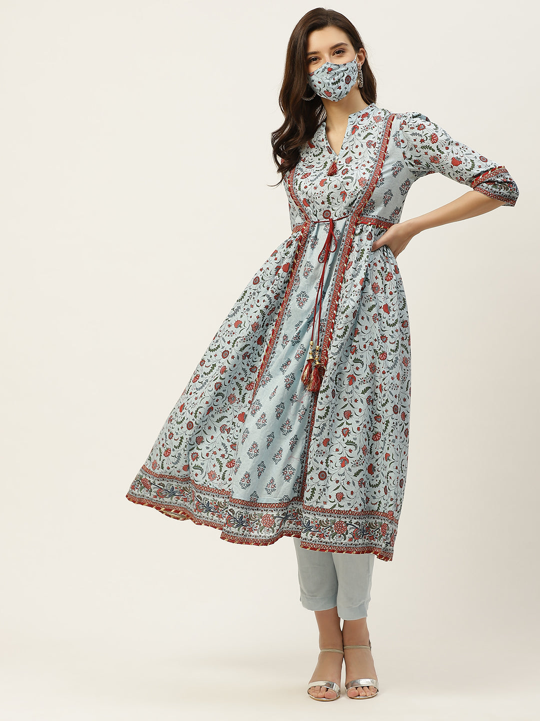 Juniper Womens Blue Cambric Printed Flared Kurta | Grocsy