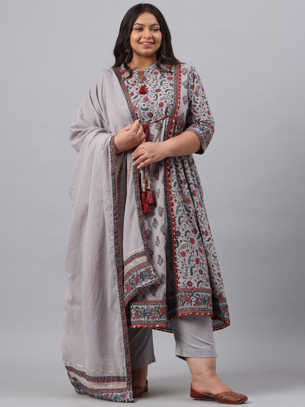 Juniper Women`s Grey Cambric Fusion Wear Printed A-Line Kurta Sets | Grocsy