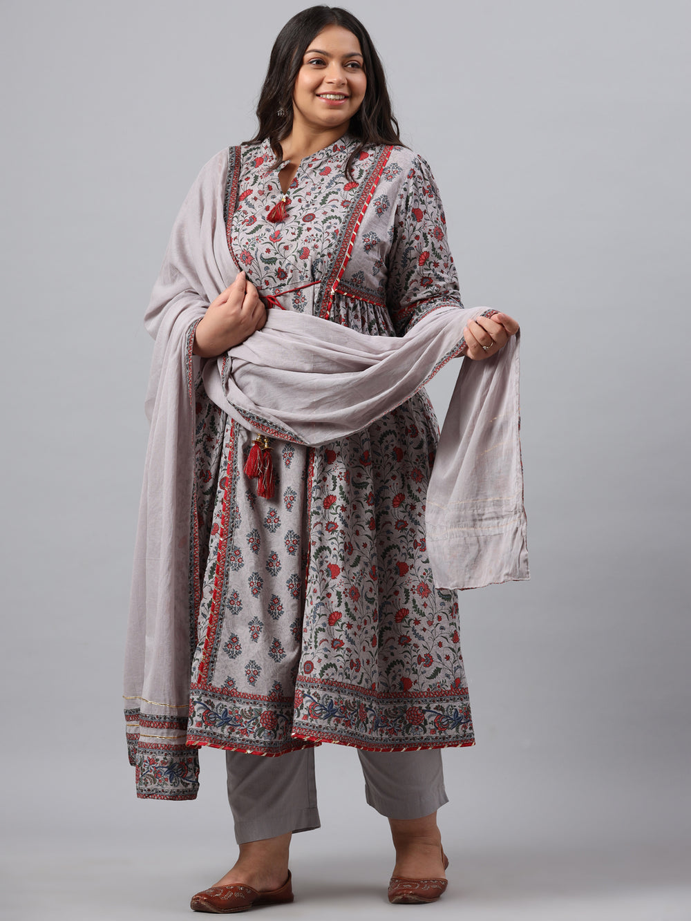 Juniper Women`s Grey Cambric Fusion Wear Printed A-Line Kurta Sets | Grocsy