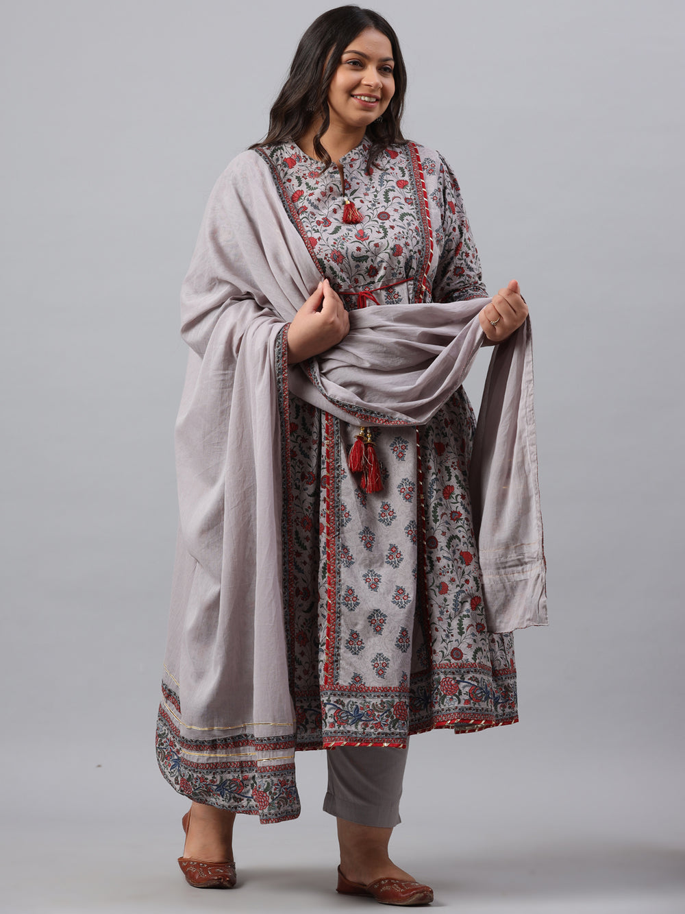 Juniper Women`s Grey Cambric Fusion Wear Printed A-Line Kurta Sets | Grocsy