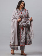 Juniper Women`s Grey Cambric Fusion Wear Printed A-Line Kurta Sets | Grocsy