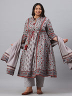 Juniper Women`s Grey Cambric Fusion Wear Printed A-Line Kurta Sets | Grocsy
