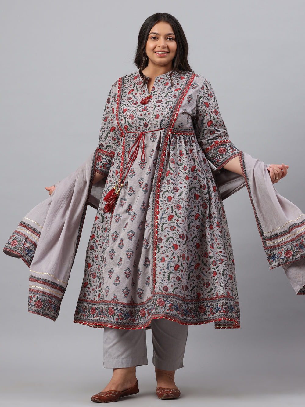 Juniper Women`s Grey Cambric Fusion Wear Printed A-Line Kurta Sets | Grocsy
