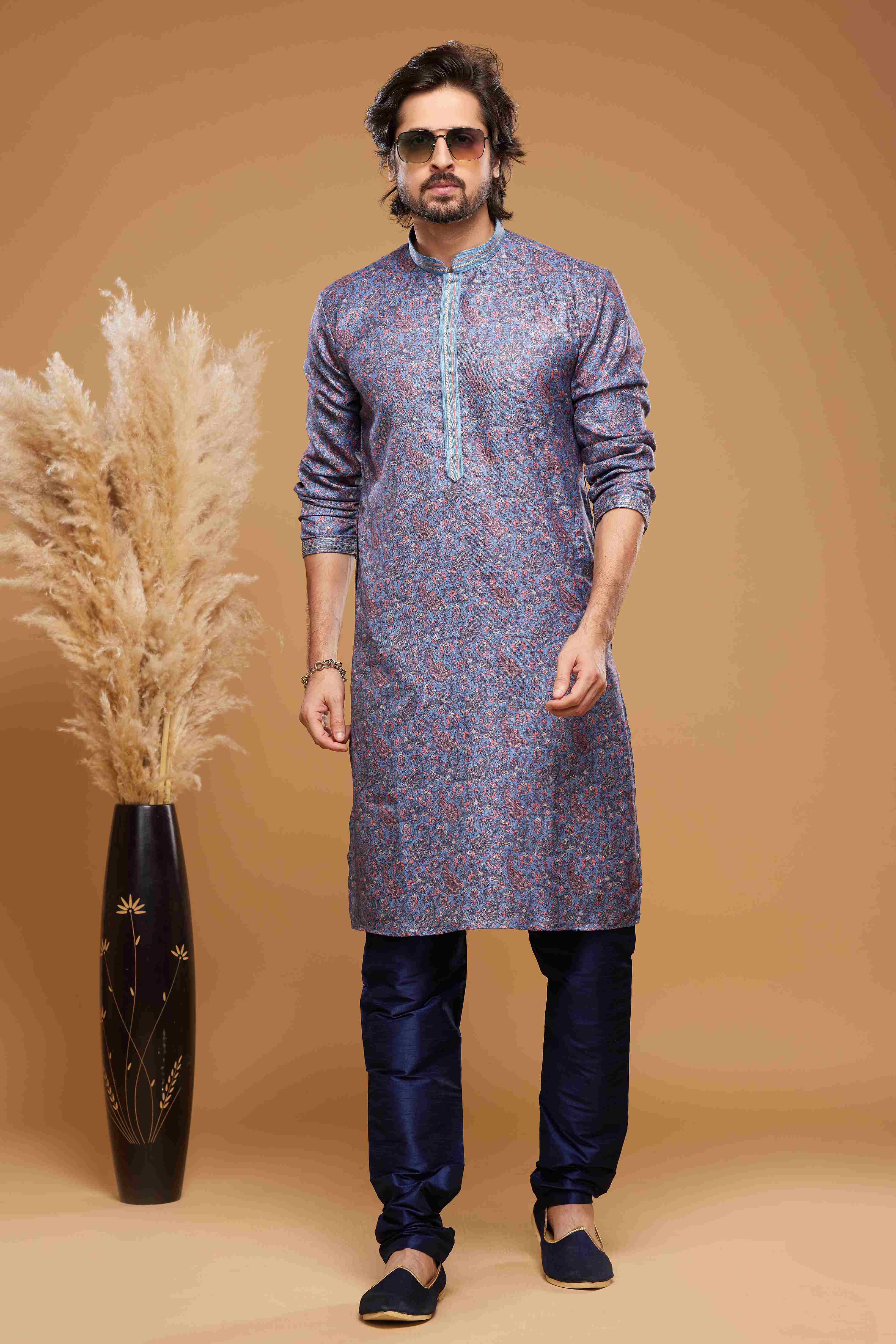 Raivat Ethnic Art Silk Digital Print Pintux Work Kurta Pajama In Blue Colour | Grocsy