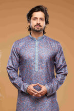 Raivat Ethnic Art Silk Digital Print Pintux Work Kurta Pajama In Blue Colour | Grocsy