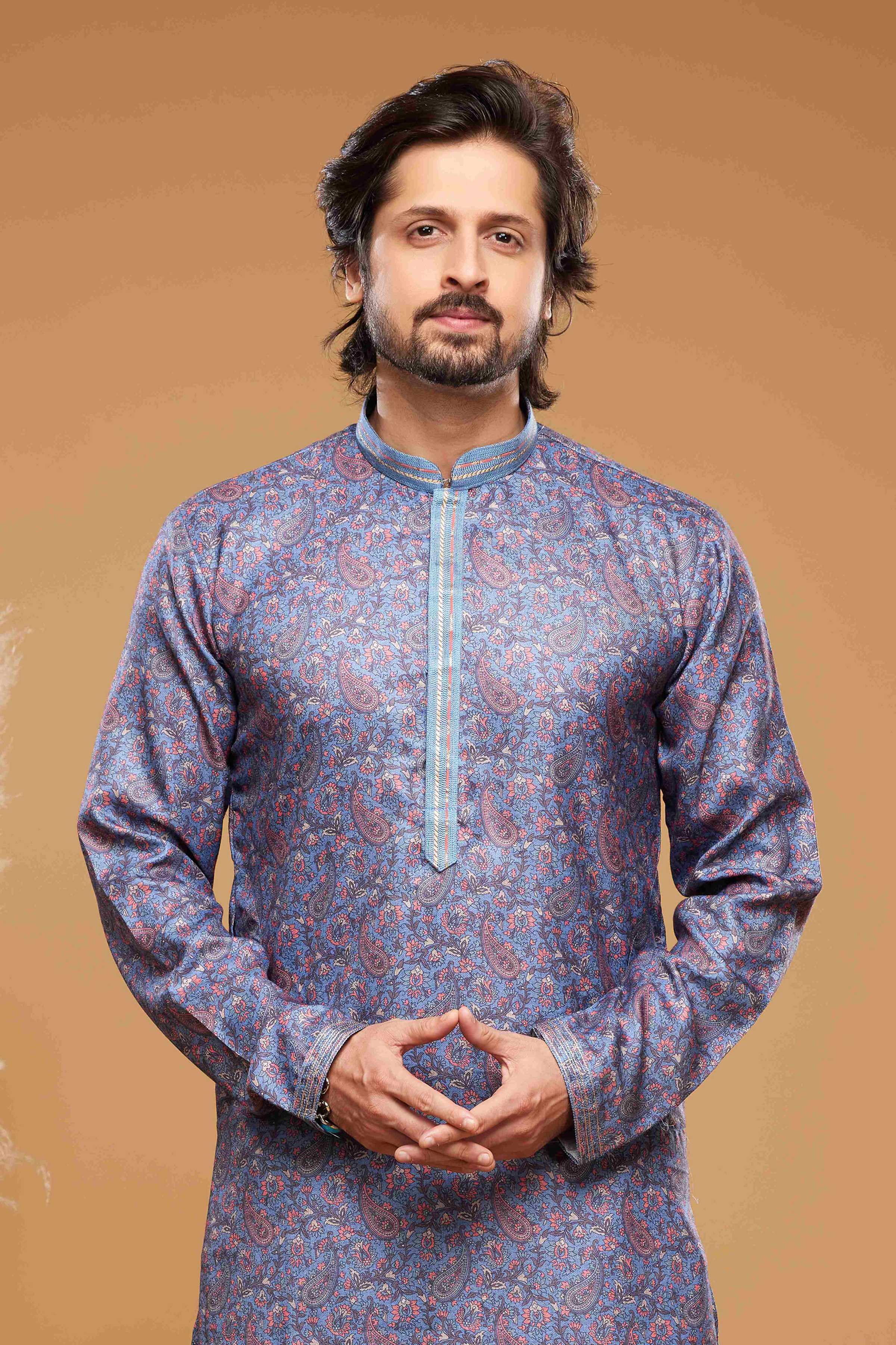 Raivat Ethnic Art Silk Digital Print Pintux Work Kurta Pajama In Blue Colour | Grocsy